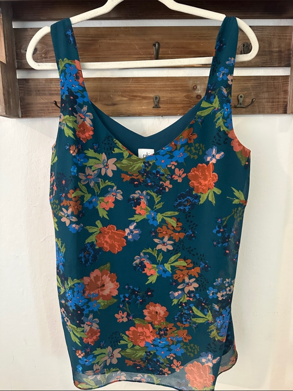 CAbi Still Life Teal Floral V-Neck Camisole with Coral & Blue Blooms